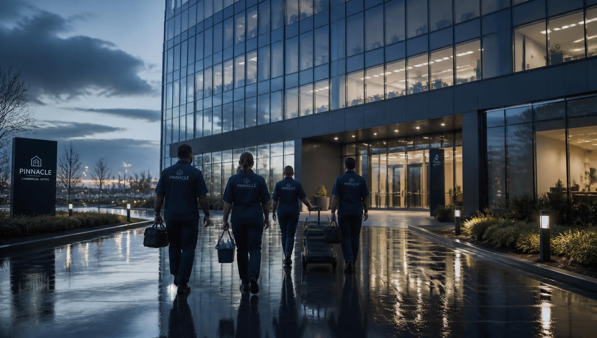 Divine Sourcing facility services crew arriving at a commercial office building at dusk